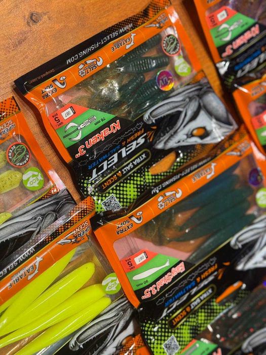 Силикон на щуку, окуня, судака Селект 3-3,3-3,5-4 дюйма; 1,8-2-2,2