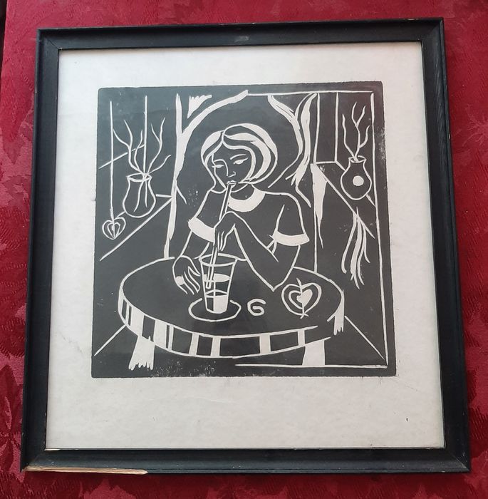 Гравюра  35.5×33 см. Девушка в Кафе