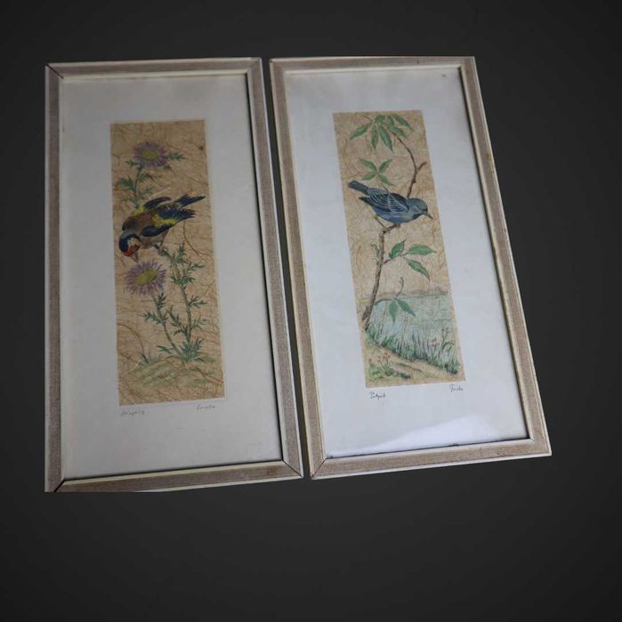 Dwa obrazki ptaki ramka drewno szkło  B41/102689