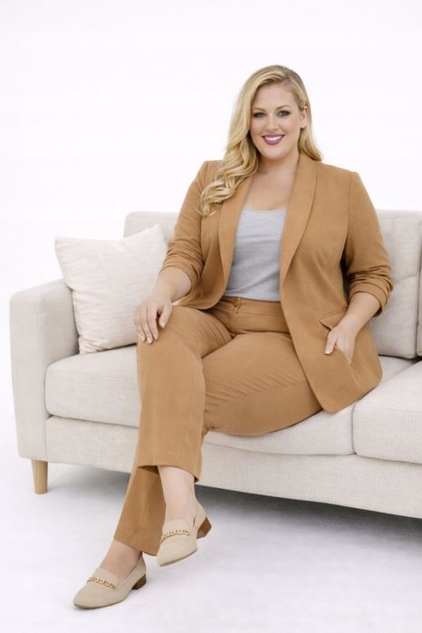 Garnitur damski klasyczny marynarka wąskie spodnie karmel beż Plus size 6XL