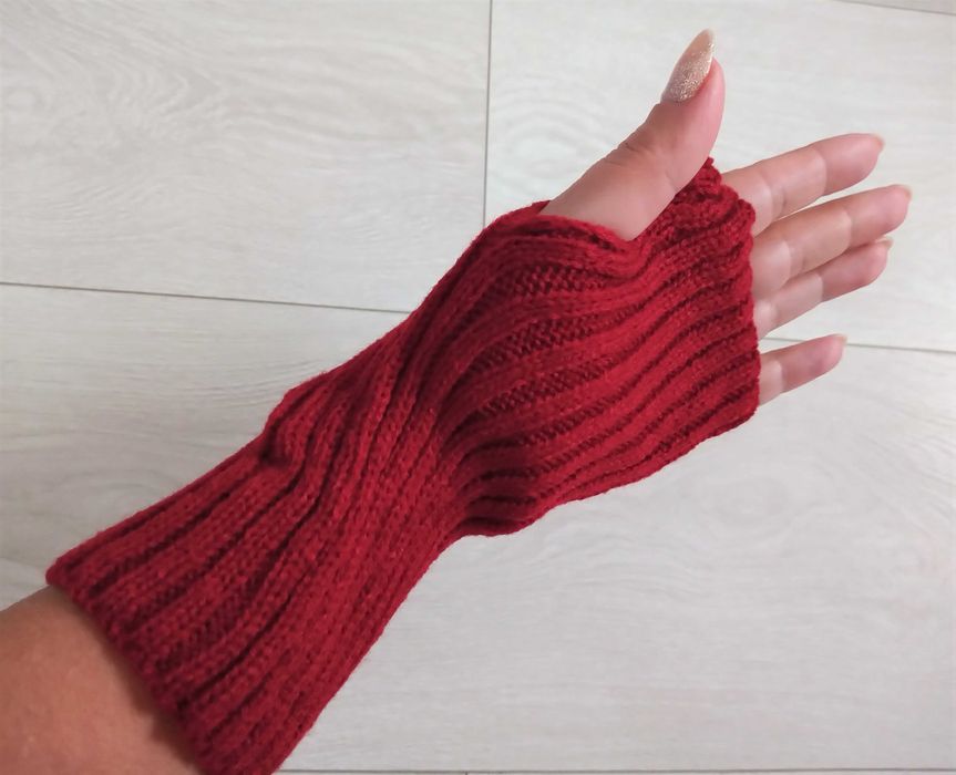 Burgundowe rękawiczki prążkowane mitenki unisex