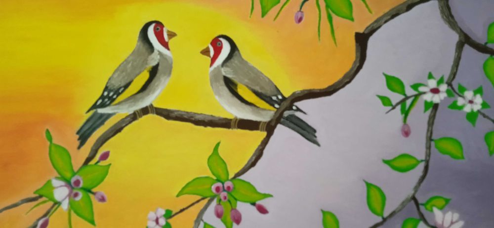 Quadro original a óleo pintassilgos