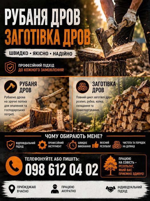 Послуги з розпилом, рубання та складання дров