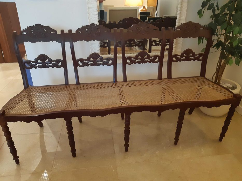 Canapé de Madeira Exótica de 4 Lugares   trabalho manual de  Palhinha