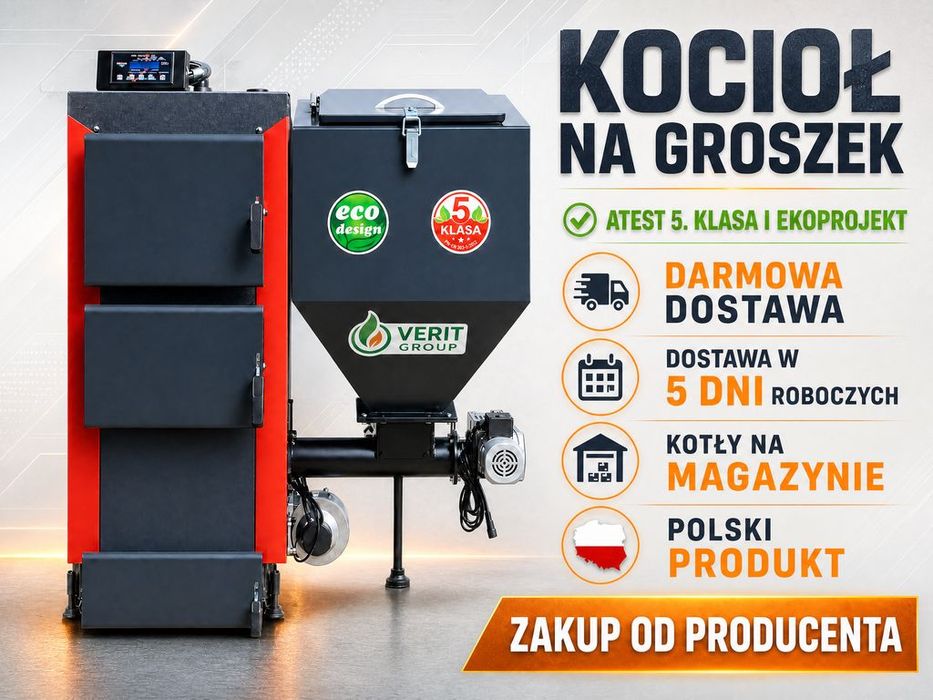 Kocioł 20kW na groszek ekogroszek z podajnikiem kotły piec co 150-200m2 atest certyfikat 5 klasa Producent Verit Pleszew Dostawa 0zł 10kW 15kW 25kW KG