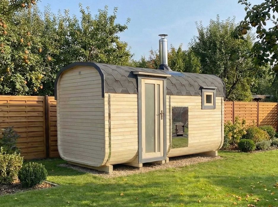 SAUNA Ogrodowa beczka 4m + GRATIS: balia do schłodzenia+LED - z piecem