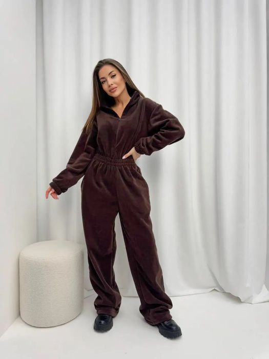 Трендовий флісовий комбінезон шоколадний костюм на блискавці палаццо