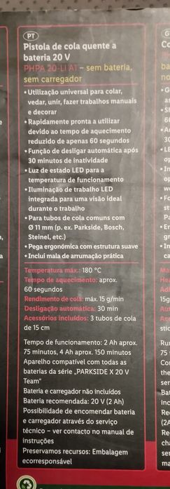 Pistola de cola quente bateria 20V Parkside