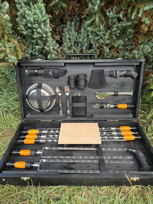 6 шампуров 3 мм в кейсе столике на подарок мужчине мужу куму