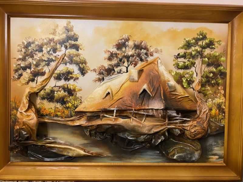 "Tam, gdzie czas się zatrzymał": obraz 3D, skóra. wymiary 100x70 cm