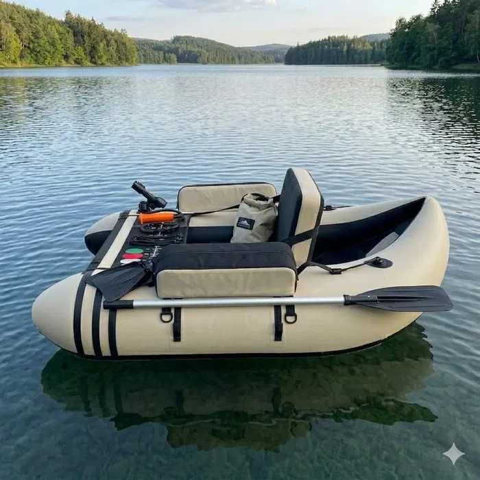 Nowe Pływadełko Wędkarskie Belly Boat Dmuchane Ponton Wędkarski 135cm 1 Osobowe Wiosło Pompka Uchwyt Na Wędkę PVC Beżowe 150kg