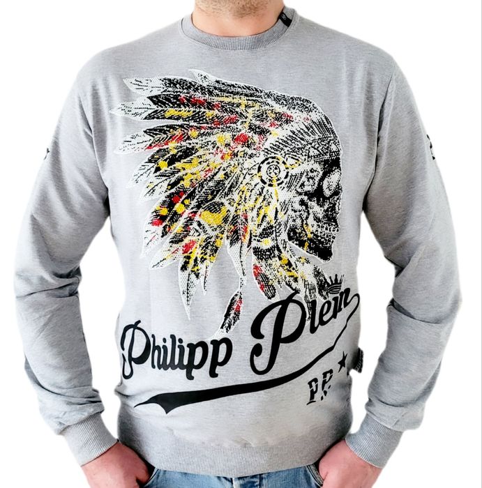 Philipp Plein Bluza Męska motyw Indianin szara