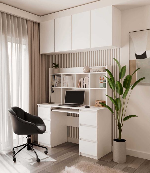 BIURKO KUBA Z NADSTAWKĄ Zestaw 6 Szuflad Półki Do Biura Pokoju BIAŁY