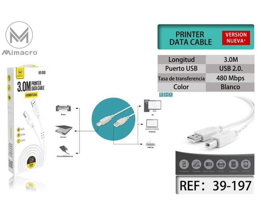 Cabo Para Impressora 1.5M / 3M 480MbPS/sec