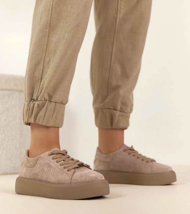 Beżowe Skórzane Sneakersy Na Platformie Filippo