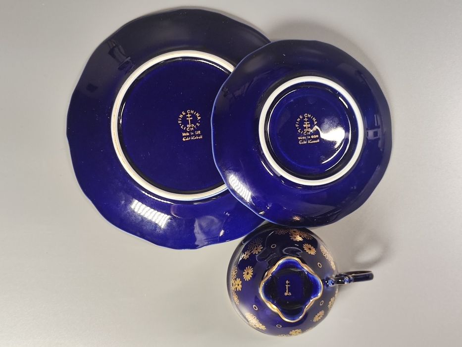 Lichte Fine China trio zestaw śniadaniowy, filiżanka, kobalt NRD / DDR