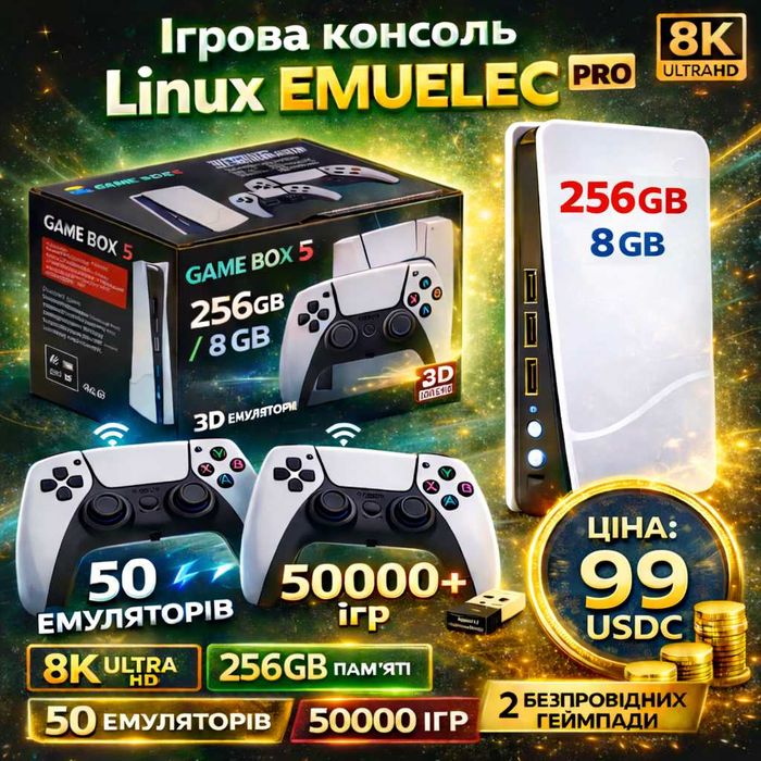 Игровая приставка Game Box PC5 256GB Linux EmuELEC 8K HDMI 5G 50000+ игр Ретро приставка для ТВ PS1 PSP N64 Sega Dendy Игровая консоль с геймпадами