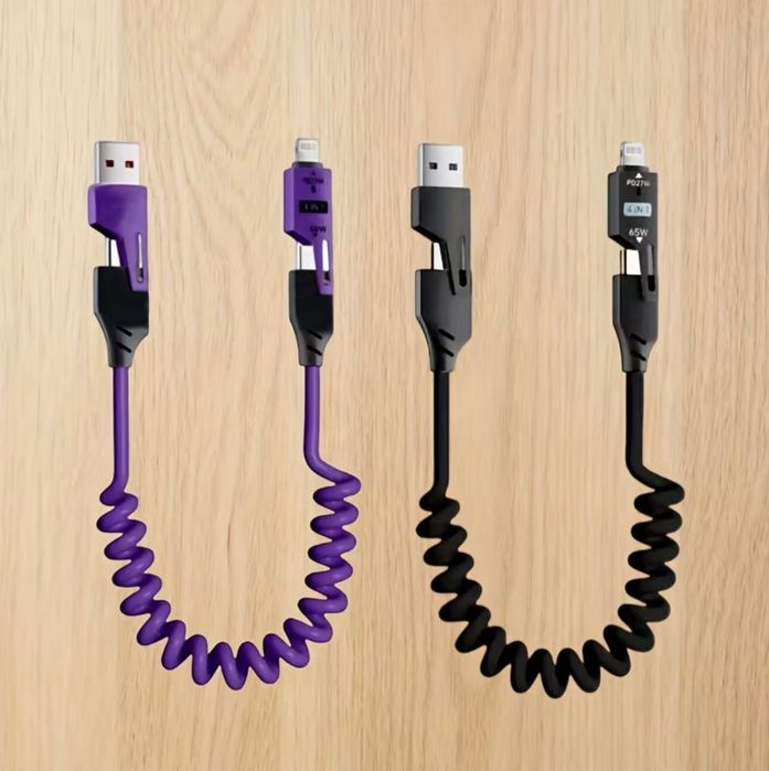 Пружинний кабель 4-в-1 65W/USB/Type-C/Lightning/ Не плутається/Чорний