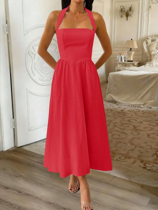 Sukienka halter czerwona rozkloszowana midi letnia SHEIN S 36