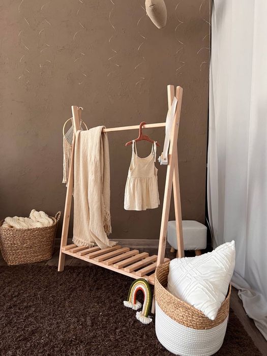 Вішалка вішак підлоговий стійка для одягу рейл деревяна стійка