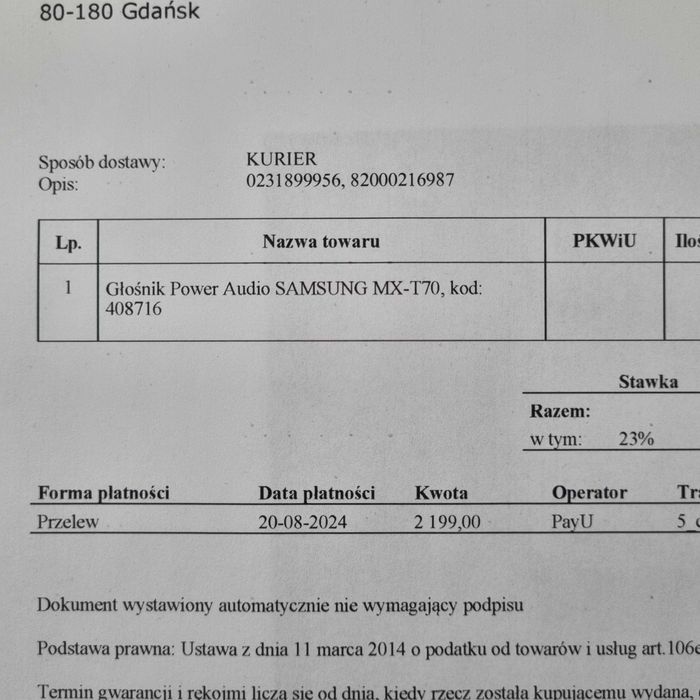Głośnik Samsung MX-T70 – bardzo dobry stan + gwarancja + 2 mikrofony