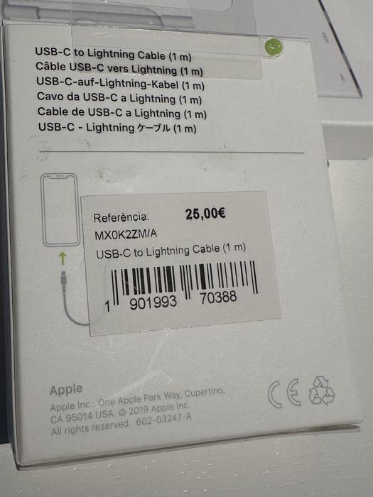 Cabo USB-C para Lightning (1 m) - caixa por abrirr
