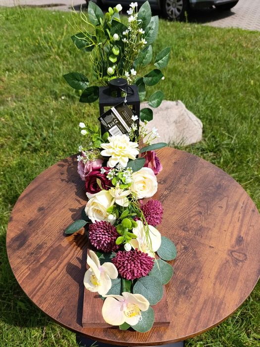 Stroik na grób deska drewno 60cm - kompozycja na cmentarz ze zniczem