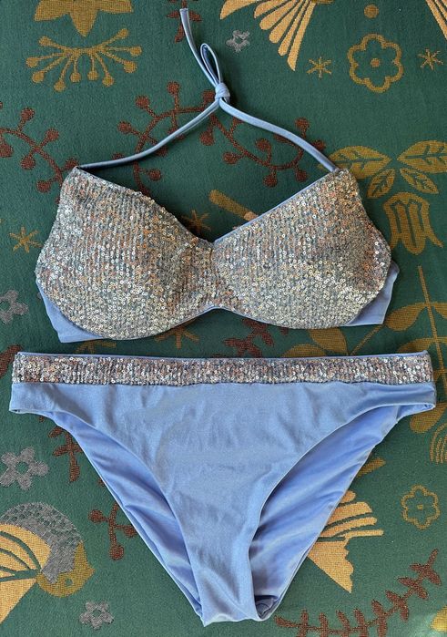 Bikini dwuczęściowe Calzedonia Cobey cekiny błękitne niebieskie glamour C majtki L