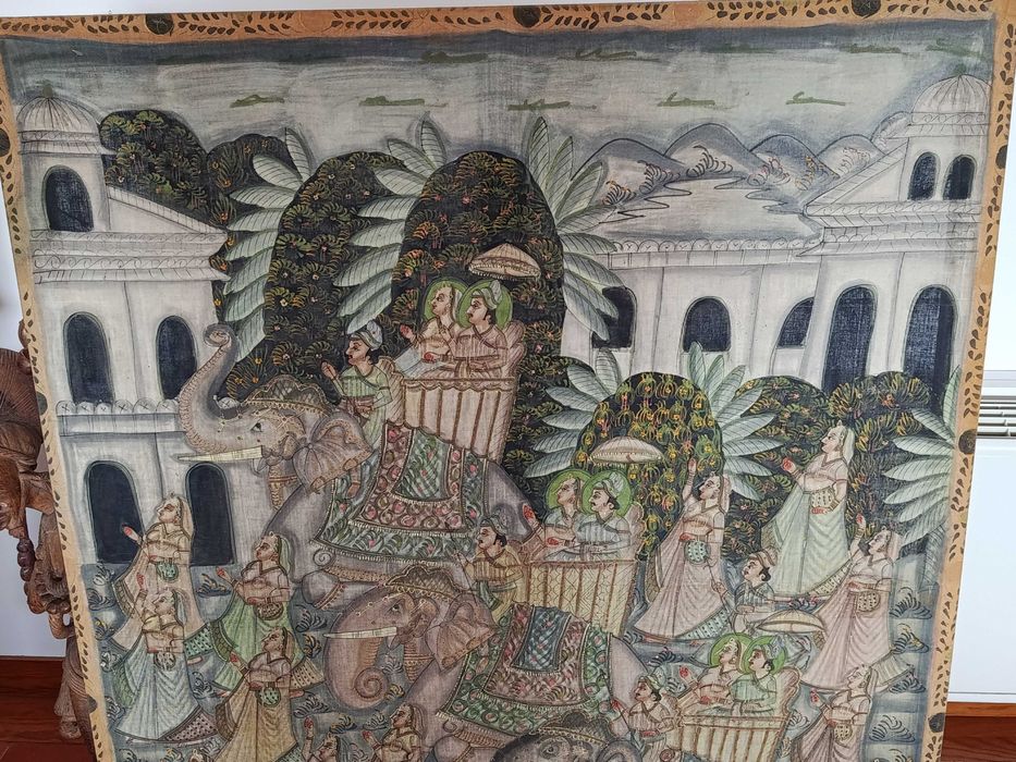 Quadro grande antigo pintado a mao sobre seda origem India
