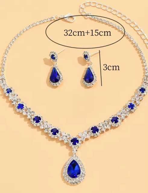 Komplet zestaw naszyjnik z kryształami kropla wody kolczyki niebieski