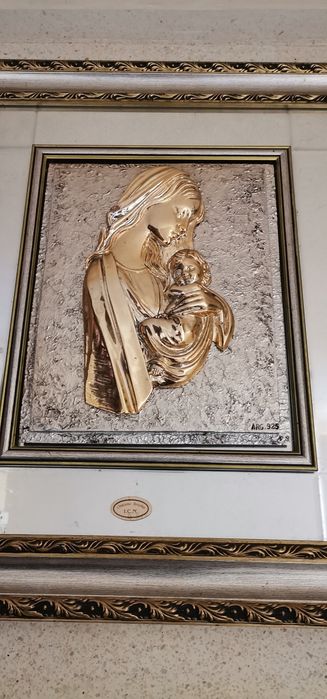 Quadro em PRATA ARG 925 - Mãe de Jesus, com moldura em talha de madeir