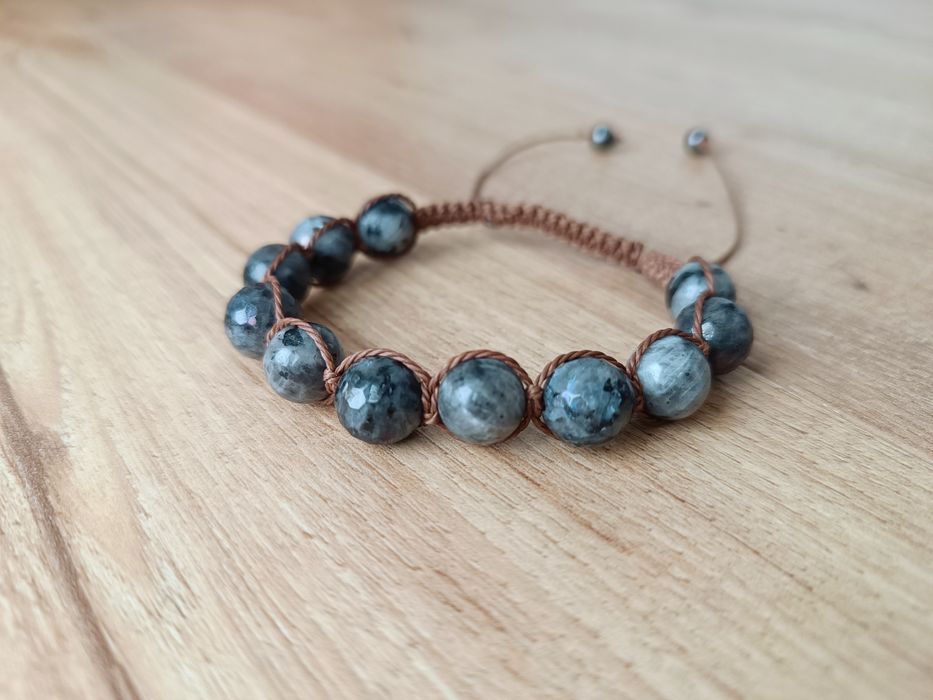 Bransoletka z kamieni naturalnych labradoryt hematyt makrama