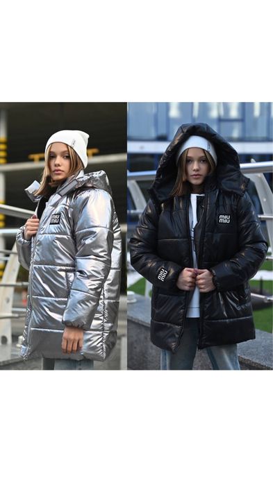 Зимова куртка пуховик на дівчинку 146 152 158 164 170 чорний металік