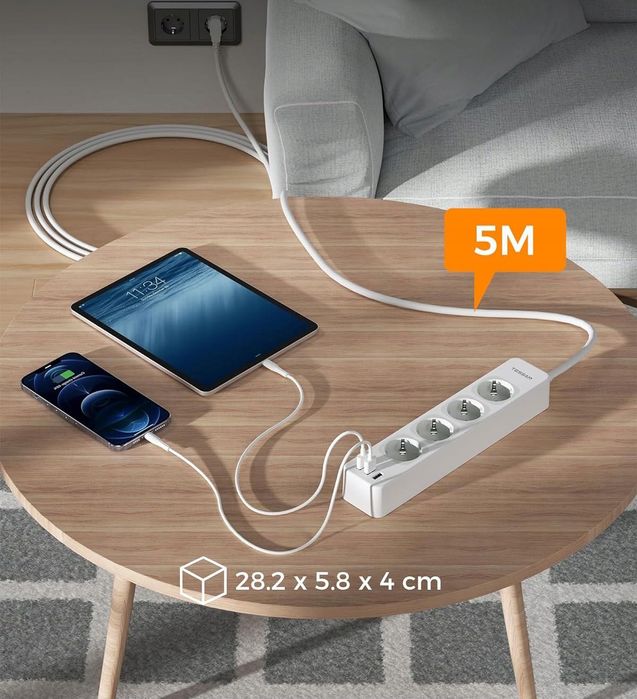 Przedłużacz listwa zasilająca TESSAN TS-307 z USB na 5 metrów, 3600 W