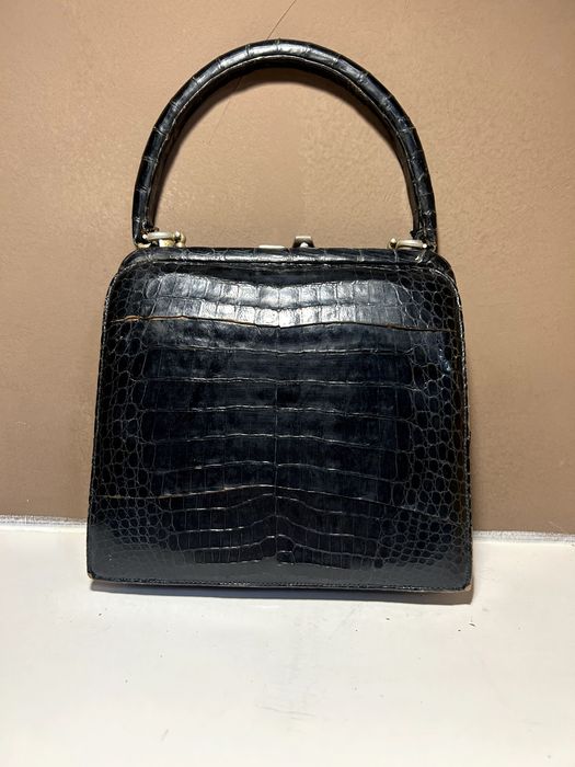 Mala Vintage Pele de Crocodilo / Caimão Preta Anos 60 Estilo Kelly