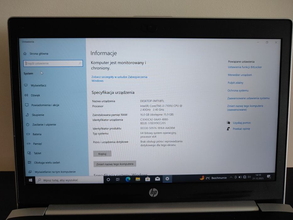 Laptop HP Probook 440 G4 i3 7gen. 14*. Ram 8Gb/256SSD.