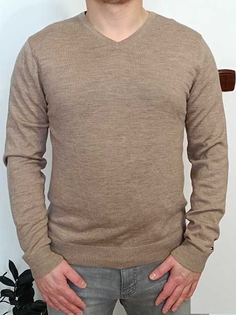 Tommy Hilfiger beżowy elegancki bawełniany sweter M L