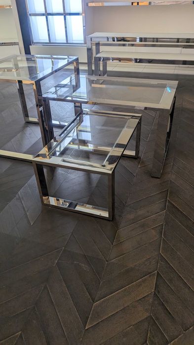 Conjunto 3 Mesas Modulares / Expositores de Loja - Inox e Vidro Transparente