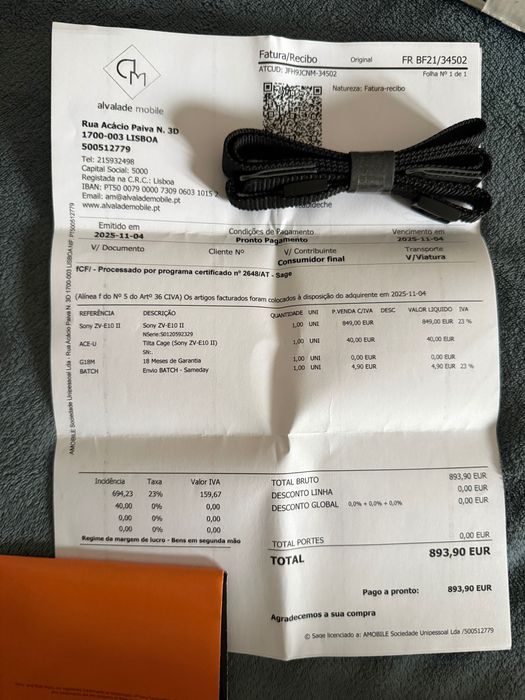 Sony ZV-E10 ii com fatura