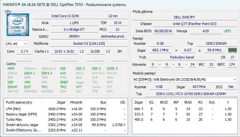 DELL Optiplex 7010 SFF -  i3 -3240 - RAM 8GB - HDD 1TB - mały mini PC