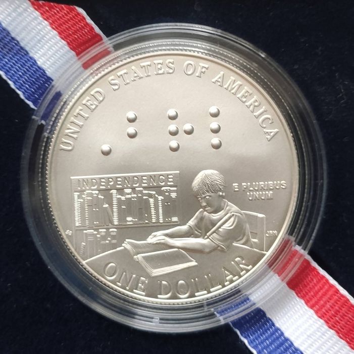 США 1 долар 2009р. " Луї Брайль" СРІБЛО. Сертифікат.