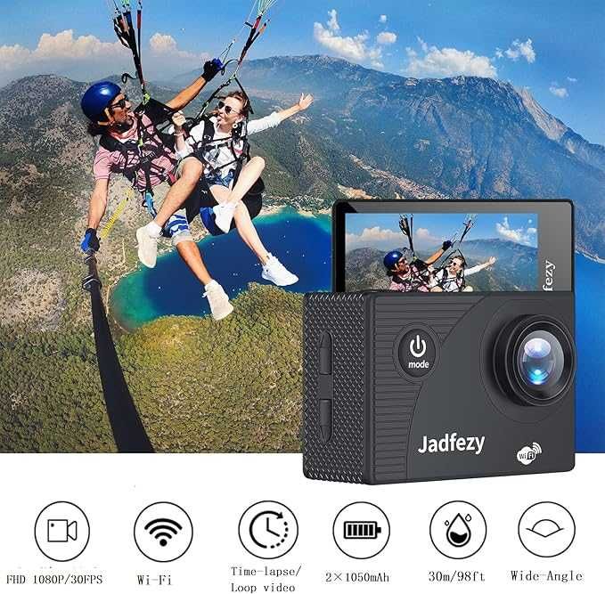 Jadfezy WiFi Action Cam HD 1080P 12MP wodoodporna zestaw akcesoriów