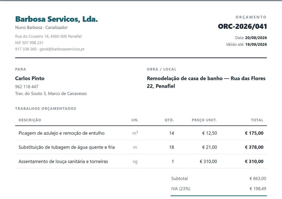 Programa de Orçamentos e Obras | Canalizador, Eletricista, Pedreiro