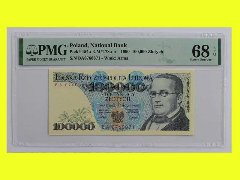 Stanisław Moniuszko 100.000 zł 1990 banknot grading PMG 68