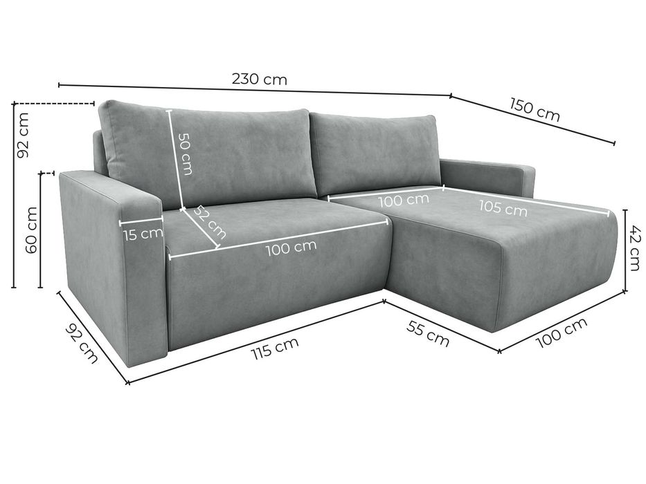 Narożnik Bergamo. Rogówka. Sprężyny bonell, pojemnik, automat, welur