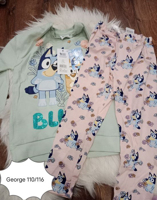 Nowy komplet Bluey dla dziewczynki długie różowe legginsy+bluza Geore rozmiar 110/116