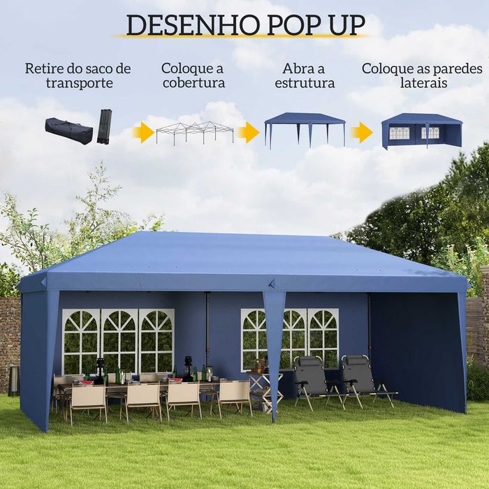 Tenda dobrável 6x3 m azul com 4 laterais e 2 janelas
