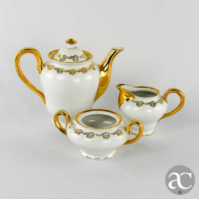 Conjunto Bule açucareiro e leiteira porcelana Artibus decoração a ouro