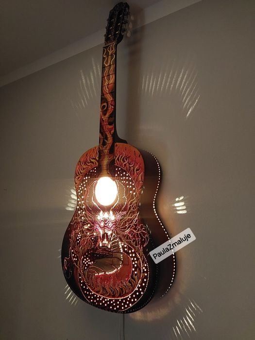 Lampa, gitara, obraz, smok ,ręcznie malowana