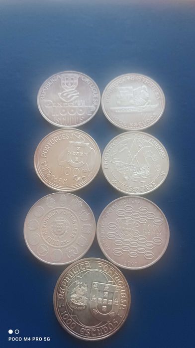 7 moedas de 1000$00 de prata